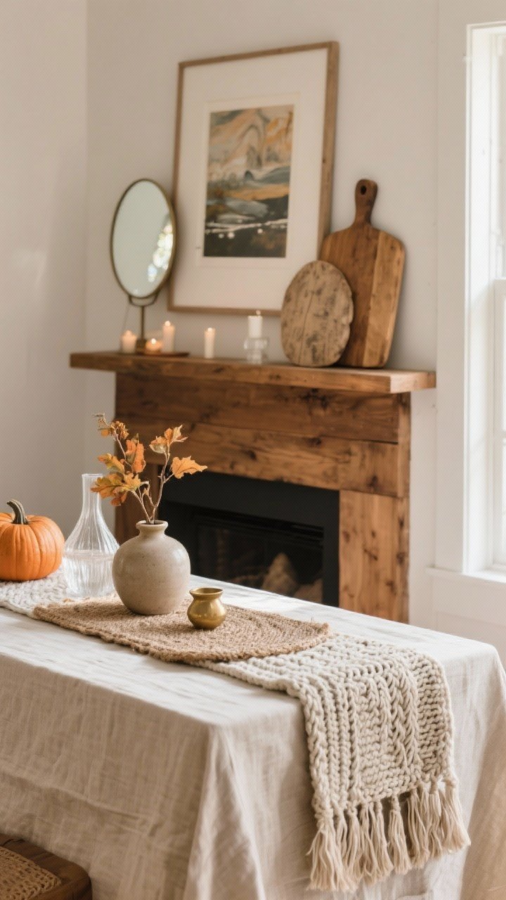 Photorealistic medium shot of a fall mantle styled with layered textures: a neutral linen runner as the base, topped with a chunky knit table scarf edge peeking out, and a fringed placemat overlapping on one side for depth. Lean a round mirror for sparkle behind a framed art print and a vintage wooden cutting board, slightly overlapping for a relaxed, asymmetrical layout. Mix materials prominently: warm wood mantle, ceramic bud vase, clear glass vessel, and a small brass object. Soft afternoon natural light from the side to highlight fabric weaves and layered surfaces; no pumpkins or candles in focus yet—this is the cozy base showcasing texture and depth.