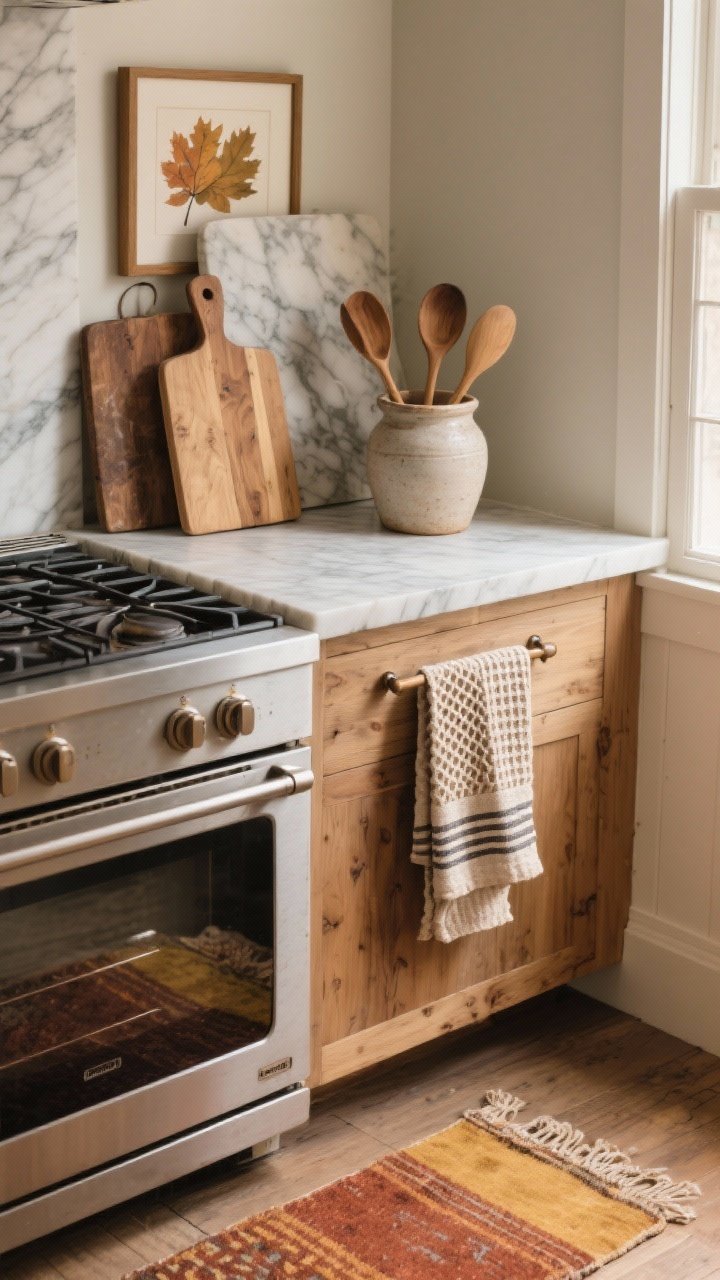 Photorealistic medium shot of a functional, cozy kitchen counter vignette focused on layered textures: a marble board stacked on a larger wood cutting board, with a framed fall print leaned behind them. A stoneware crock holds wooden spoons. On the floor, a vintage-look runner in warm tones (rust, caramel, mustard) with a timeworn pattern. On the oven handle, a folded waffle-texture towel; nearby hook holds a striped linen towel. Materials emphasized: wood, stone, linen, ceramic; mix of matte and lightly glossy finishes. Warm natural side light enhances texture; captured from a slight corner angle to show depth without clutter.