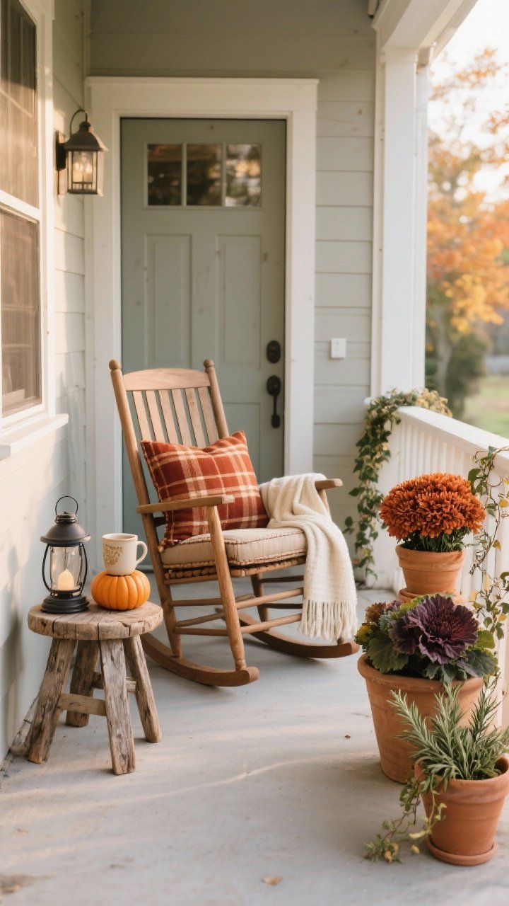 Photorealistic medium shot of a mini fall seating nook on the porch: a single wood rocking chair angled slightly toward the door, layered with an outdoor plaid cushion in rust tones and a washable cream throw; a small reclaimed wood stool as a side table holding a ceramic mug, a compact lantern, and a mini pumpkin stack; to the side, a planter trio at staggered heights featuring rust mums, ornamental kale, and trailing ivy; a small terra-cotta pot of rosemary for an herb moment; a few discreet faux stems mixed into the planters for fullness. Soft morning natural light, shot from a corner angle to show depth and keep the walkway clear.