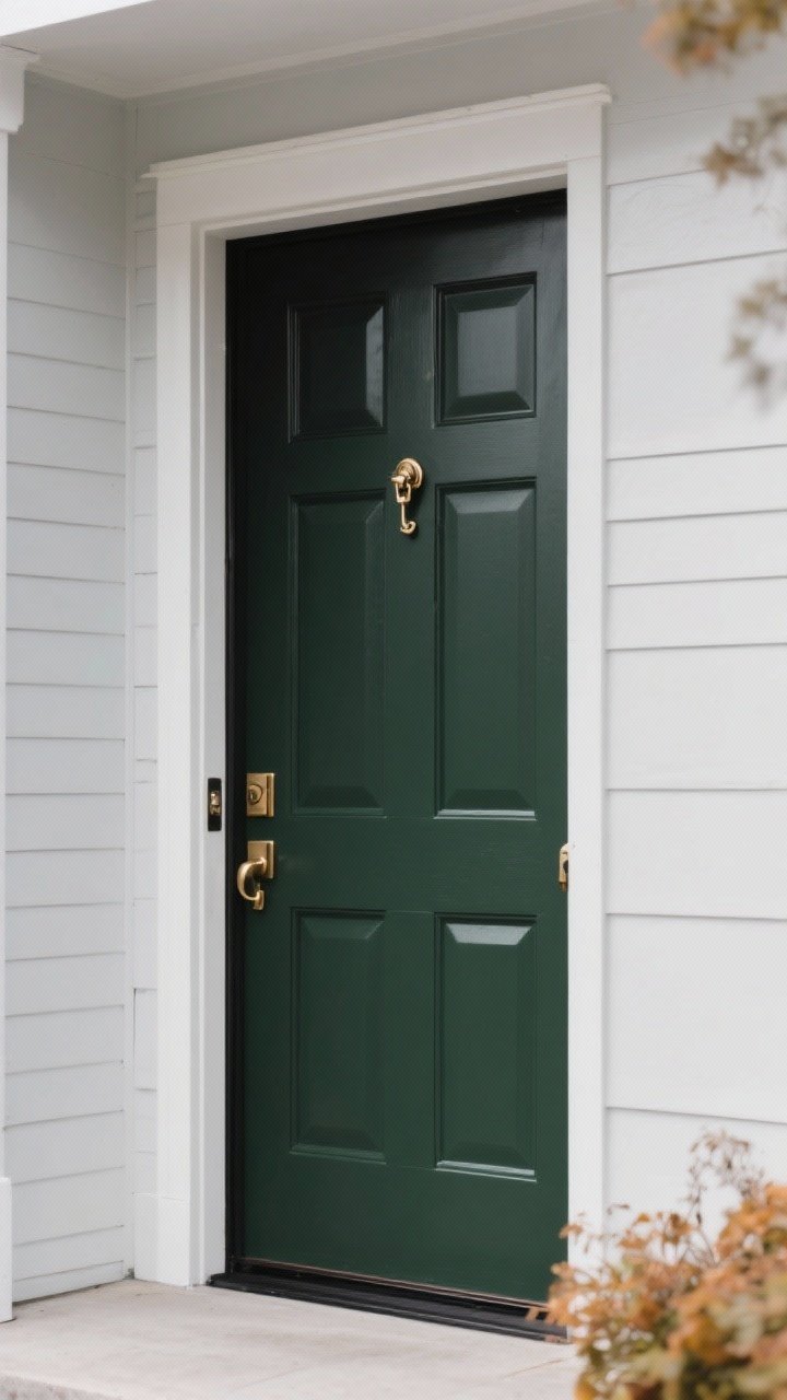 Photorealistic medium shot of a modern front entry focused on the freshly painted door as the hero: a deep olive green or charcoal black front door in satin finish, with brushed brass handle set and matching modern door knocker; subtle hack detail where the inside edge of the door is painted the same moody color, visible as the door is slightly ajar; clean white or light-gray siding for contrast, simple trim, no seasonal clutter; soft overcast daylight highlighting the glossy/satin sheen and smooth, lightly sanded surface; styling kept minimal to emphasize the bold moody tone and upgraded hardware, capturing a designer-level, modern fall vibe without extra decor.