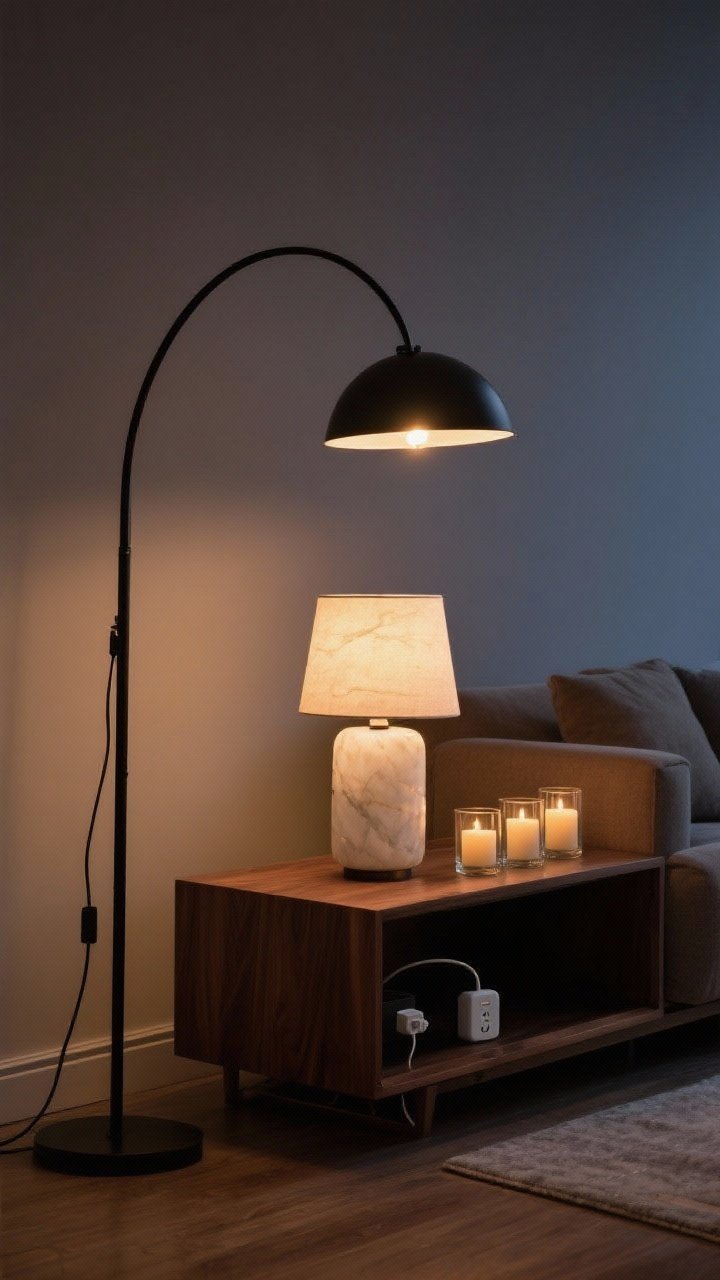 Photorealistic medium shot of a moody living room lighting vignette at dusk: a black metal arc floor lamp with a warm 2700K LED bulb, an alabaster table lamp glowing softly on a walnut console, and a trio of glass votives with flameless LED candles on a low shelf. Include a smart plug-in dimmer visible on the lamp cord. Materials mix is the star. Warm, layered lighting with no overhead glare; slight vignette to emphasize cozy ambiance; straight-on view.