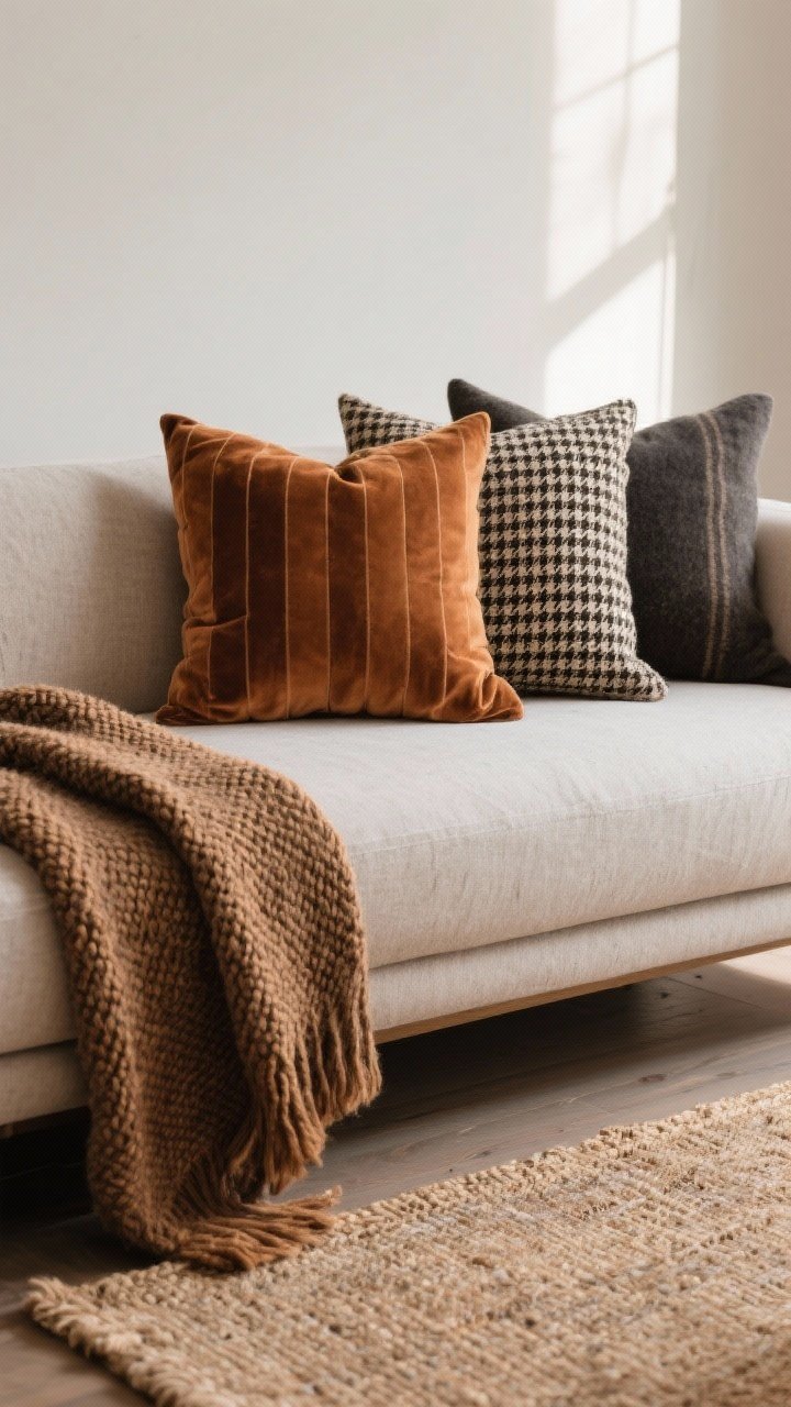 Photorealistic medium shot of a sofa setup showcasing rich, minimal patterns: throw pillows in velvet, wool, and linen mixed in camel, clay, and charcoal with tonal stripes, houndstooth, and micro-checks. A chunky knit throw or cashmere blend draped asymmetrically over the arm. On the floor, a subtle layer of a low-pile jute or wool rug peeking from under an existing neutral rug. Controlled, cozy fall palette; balanced pattern scale; natural daylight from the side; three to four pillows only; straight-on composition.