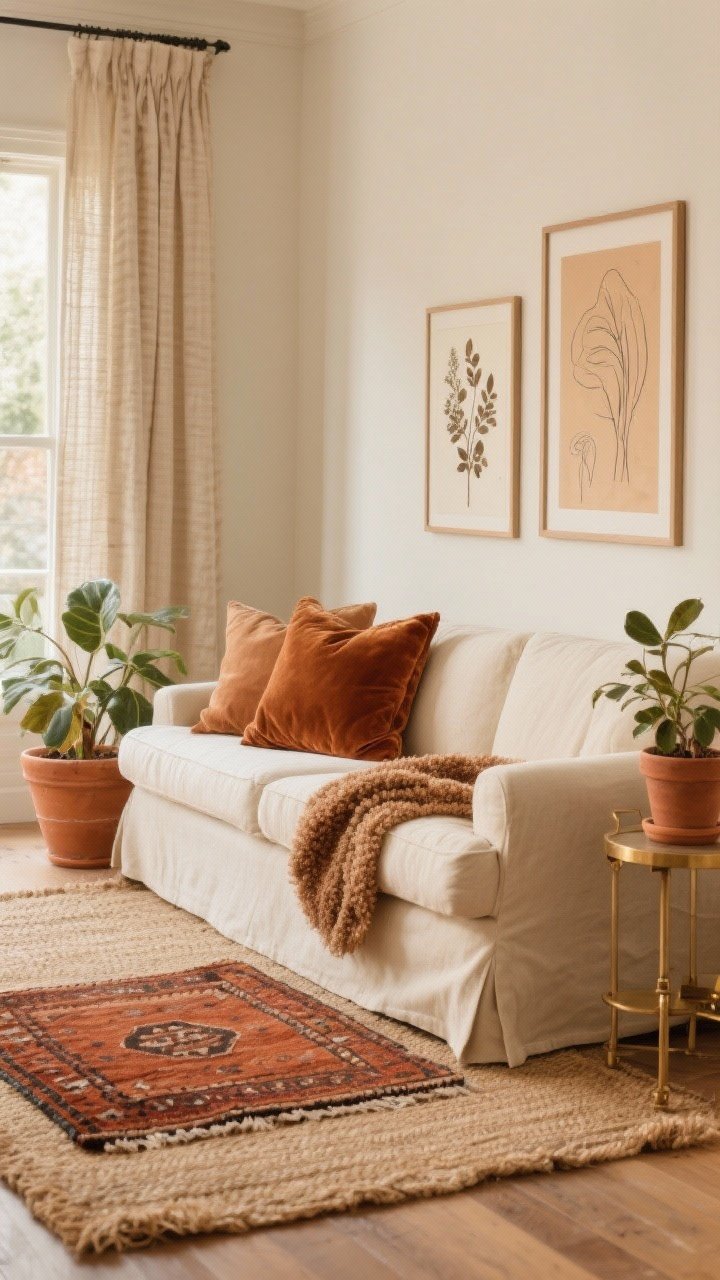 Photorealistic medium shot of a warm, inviting living room corner styled in Cinnamon & Cream: a cream or oatmeal linen sofa with velvet and boucle throw pillows in cinnamon and caramel, layered rugs with a natural jute base and a smaller rust-toned kilim on top, terracotta planters with leafy greenery, and subtle brass hardware accents on a side table. Creamy, thick-weave curtains soften filtered daylight for a gentle glow. Include botanical prints or abstract line art with warm neutrals on the wall. Mood: soft, layered, cozy latte warmth. Angle: straight-on from sofa height, showcasing textures.