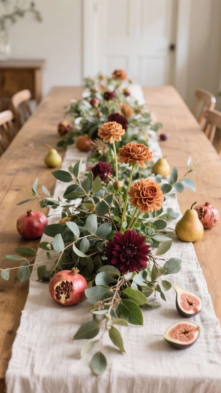 Photorealistic medium shot, straight-on view of a long dining table with a low, lush centerpiece that doesn’t block sightlines: asymmetrical eucalyptus and olive branches with magnolia leaves for structure, tucked with a few stems of rust chrysanthemums, caramel roses, and burgundy dahlias. Along the linen runner, scatter figs, pomegranates, and Bosc pears for color and texture. Keep arrangement under eye level, elegant and relaxed, with a subtle Nancy Meyers–style warmth. Natural daylight, soft shadows, no people.