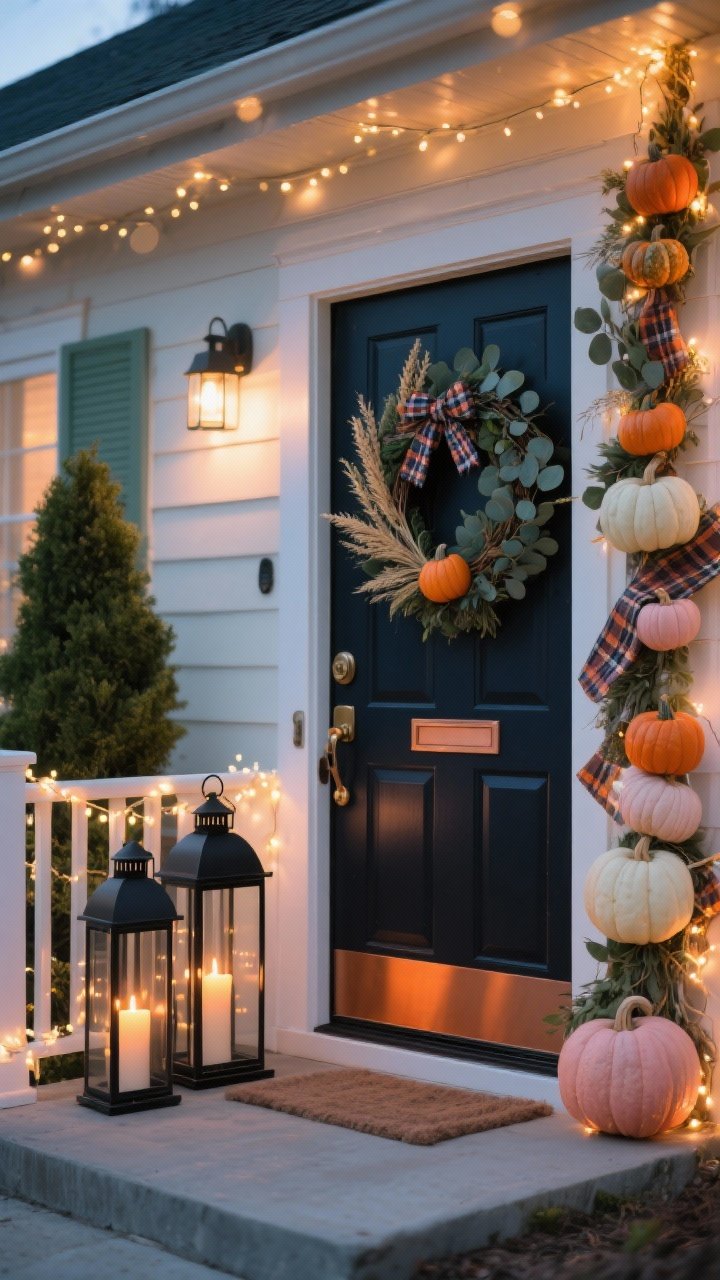 Photorealistic medium shot, straight-on view of the front door area glowing at dusk: a cluster of two tall and one short black metal lantern near the door with warm battery-operated candles on timers, subtle micro string lights wrapping a railing or topiary, and a seasonal wreath featuring eucalyptus, wheat, and small faux pumpkins with a trailing plaid ribbon. Add an asymmetrical garland hugging one side of the door frame for a modern look, plus a small doorknob charm tied with plaid ribbon. Door color coordinated: choose either a black/navy door with orange and copper accents, or a white door with muted sage, cream, and blush-toned pumpkins on the wreath. Warm, inviting light with gentle bokeh from twinkle lights.