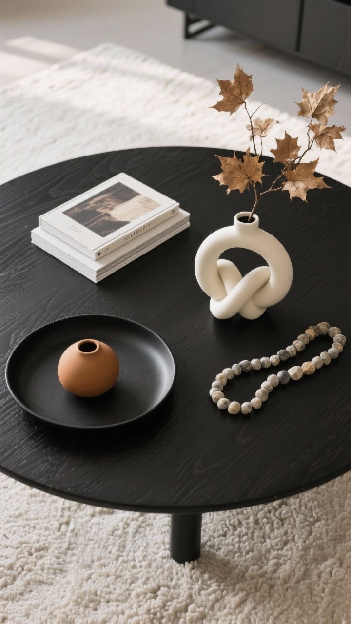 Photorealistic overhead detail shot of a high-contrast coffee table styled minimally: a matte black round tray anchoring the composition, a stack of two art books, a sculptural white ceramic knot, a curvy cream vase holding dried maple branches, and a stone bead strand draped casually. Palette is tight: black and cream with a single caramel accent object. The table surface is dark wood; background shows a hint of a cream rug. Clean, uncluttered arrangement; soft morning light.