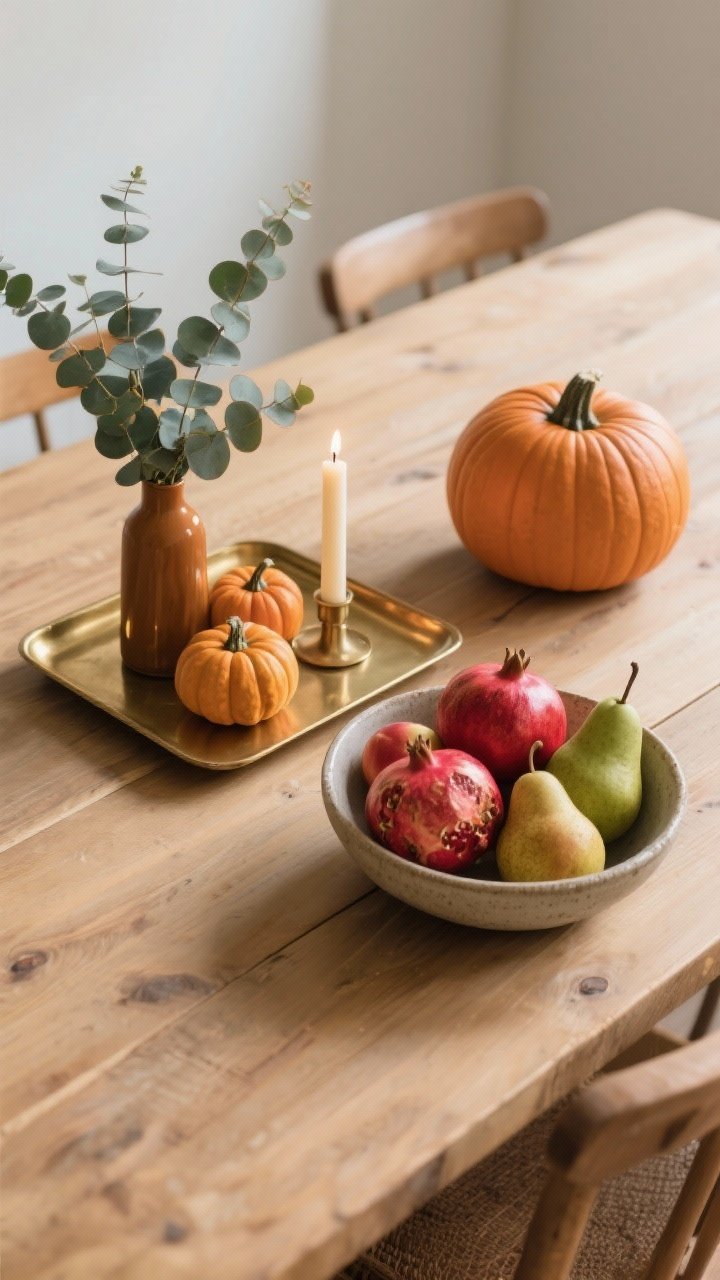 Photorealistic overhead detail shot of a simple seasonal centerpiece on a wood dining table: a brass tray holding a small vase of eucalyptus, a cluster of mini pumpkins, and a short candle. Next to it, a shallow stoneware market bowl filled with pomegranates, pears, and a few red apples—rich reds and greens. Composition uses odd numbers (three to five items), slightly varied heights, and a cohesive warm palette. Low-profile styling so sightlines remain clear across the table. Gentle, diffused daylight with subtle shadows, crisp textures on the fruit and pumpkins.