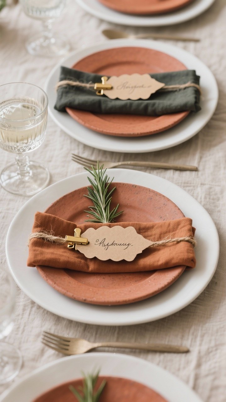 Photorealistic overhead detail shot of elevated place settings that feel personal: white dinner plates topped with warm-toned stoneware salad plates in terracotta and charcoal, soft linen napkins in spice and olive shades tied with twine, each napkin tucked with a fresh rosemary sprig. Handwritten names on kraft tags or leaf-shaped paper clipped to the napkin with a small gold binder clip. Add a single vintage glass at each setting for water or wine, intentionally mismatched yet cohesive. Neutral base beneath, no people.