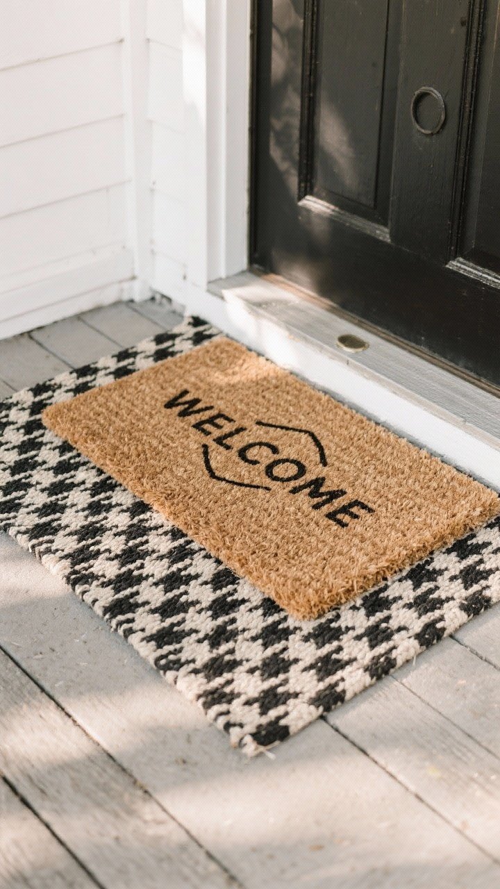 Photorealistic overhead detail shot of layered doormats at a front threshold: a neutral patterned outdoor rug (black-and-cream herringbone or subtle stripe, 2’x3’ or 3’x5’) as the base, with a natural coir doormat on top featuring a clean typographic “WELCOME” or simple graphic; the top mat angled slightly for a casual, stylist touch; neutral palette (black, tan, cream) that visually expands a small porch; crisp natural light with soft shadows to emphasize texture—the coarse coir fibers against the flat-woven pattern; clean concrete or wood decking visible around the mats for context.