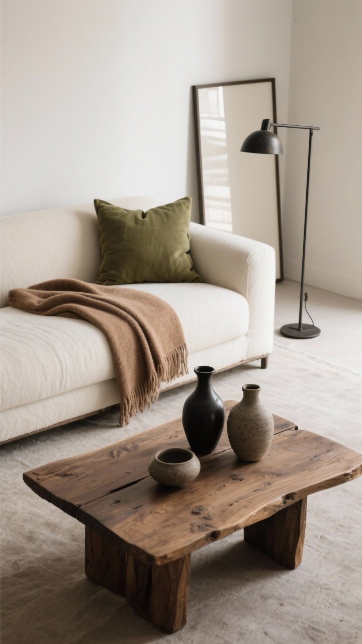 Photorealistic overhead detail shot of Smoked Clay & Olive earthy minimalism: an ecru sofa edge with an olive pillow, a clay-toned throw folded across the seat, a raw wood coffee table holding stoneware vases, and blackened bronze accents in a slim frame and minimalist floor lamp base peeking in. Textures prioritized over pattern: linen, wool, raw wood. Lighting is soft, diffuse daylight for calm depth. Mood: grounded, quiet, layered without clutter.