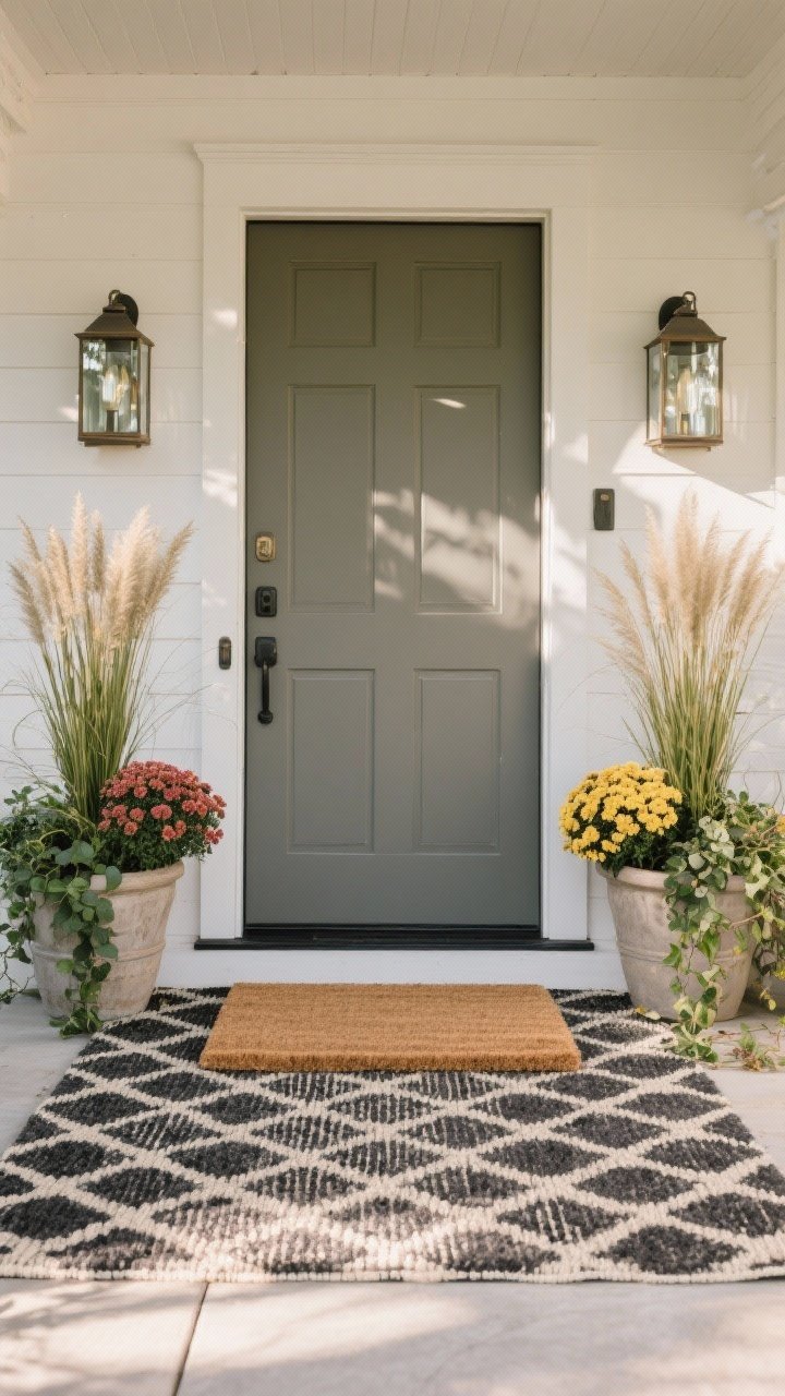 Photorealistic straight-on medium shot emphasizing proper scale and proportion at the entry. A 30x48 oversized coir doormat layered over a patterned 3x5 outdoor rug (subtle black-and-cream stripe) centered to a wide door. Flanking the door, two tall planters reaching roughly mid-rail height, planted with thriller/filler/spiller: tall ornamental grass for height, full mums for body, and trailing ivy cascading over the edges. Balanced composition with mirrored lanterns or planters on both sides for symmetry, ensuring clear sightlines and no decor blocking the door swing. Soft afternoon light for clarity.