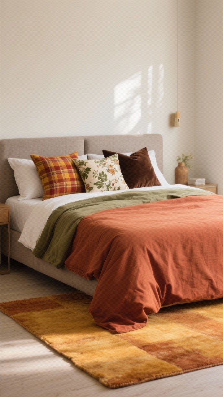 Photorealistic wide bedroom scene focused on a warmed fall color palette: neutral base walls in cream and bedding in taupe/greige, with accents in terracotta, rust, mustard, olive, and chocolate brown. Mix patterned throw pillows: one plaid in rust and mustard, one subtle floral in olive and cream, one solid velvet in chocolate brown. A deeper-tone but lightweight duvet cover in terracotta; a low-pile rug in a warm ochre hue under the bed to ground the space. Straight-on view with soft natural afternoon light; no people; emphasis on harmonious earthy neutrals with a pop of mood.