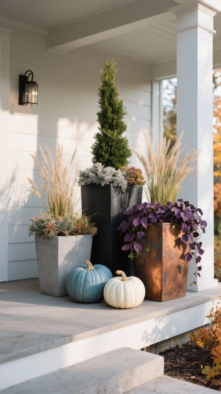 Photorealistic wide porch vignette showcasing modern fall planters: a trio grouping at different heights in matte black, smooth concrete, and aged copper finishes; plant recipe includes a tall thriller (ornamental grass or dwarf arborvitae), fillers like heuchera and dusty miller, plus spillers such as trailing ivy and deep-purple sweet potato vine; two heirloom pumpkins in muted blue and soft white tucked beside the planters for color; cool-weather vibe with late-afternoon natural light and gentle shadows; clean, magazine-style composition with a minimal backdrop to spotlight the texture contrast between foliage and planter materials.