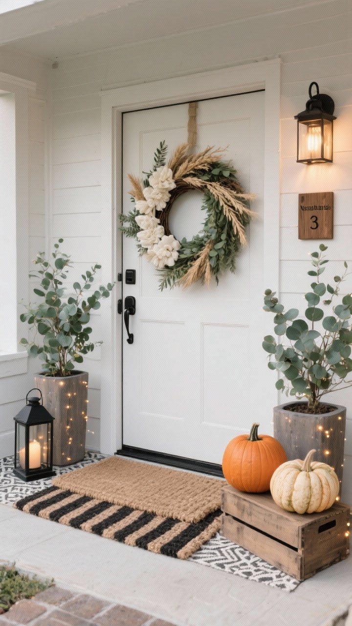Photorealistic wide shot creating a clear focal point and cohesive theme at the entry. Choose one hero: a bold statement wreath sized to about one-third the door height, styled in a “Neutral Naturals” palette—cream, wheat, and eucalyptus green. Echo materials by repeating eucalyptus sprigs in the tall planters. Establish a color story through a layered mat combo: patterned 3x5 rug under an oversized coir mat with black stripes, then repeat black in lanterns and door hardware. Add a tasteful personal touch like modern house numbers on a cedar plaque. Include a restrained pumpkin trio in varied sizes and tones on a small crate, plus warm lantern light and subtle micro-lights on the wreath for evening glow.