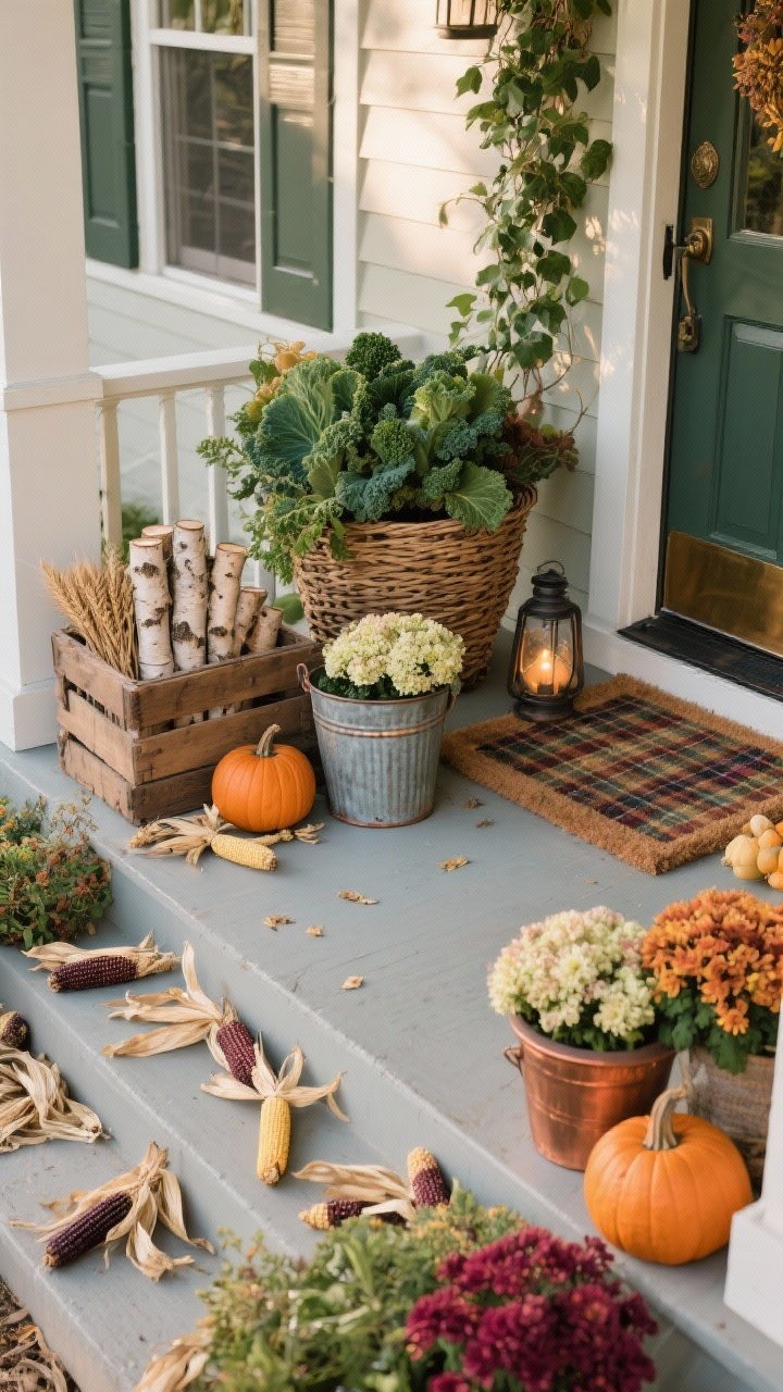 Photorealistic wide shot from an overhead/stoop-down angle capturing layered natural greens and harvest textures that finish the porch: planters filled with mums, ornamental kale, and trailing ivy, including one oversized planter anchoring the composition. A woven basket with birch logs, a crate with dried hydrangeas, a vintage galvanized bucket or copper pot for a warm metal accent. Around the doormat zone, a restrained scatter of corn husks or a small bundle of wheat beside a lantern for texture (avoiding excess). Balance the palette by muting greens if bold plaids and bright pumpkins are present, or go richer with jewel-toned mums and a couple of velvet pumpkins if the plaid is subtle. Soft late-afternoon natural light highlighting organic textures.