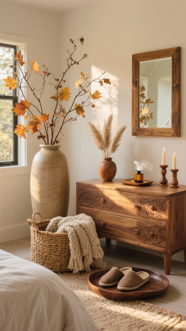 Photorealistic wide shot of a bedroom vignette bringing nature in: a tall ceramic vase on a dresser holding foraged branches with turning autumn leaves, a smaller vase with dried pampas and bunny tails, a woven basket on the floor storing a folded chunky throw and slippers, and wood accents—a walnut tray with carved wooden candle holders and a mango wood mirror frame above. Add a subtle cedarwood diffuser on the tray emitting a gentle mist. Golden late-afternoon natural light, warm, organic palette; straight-on composition, no people.