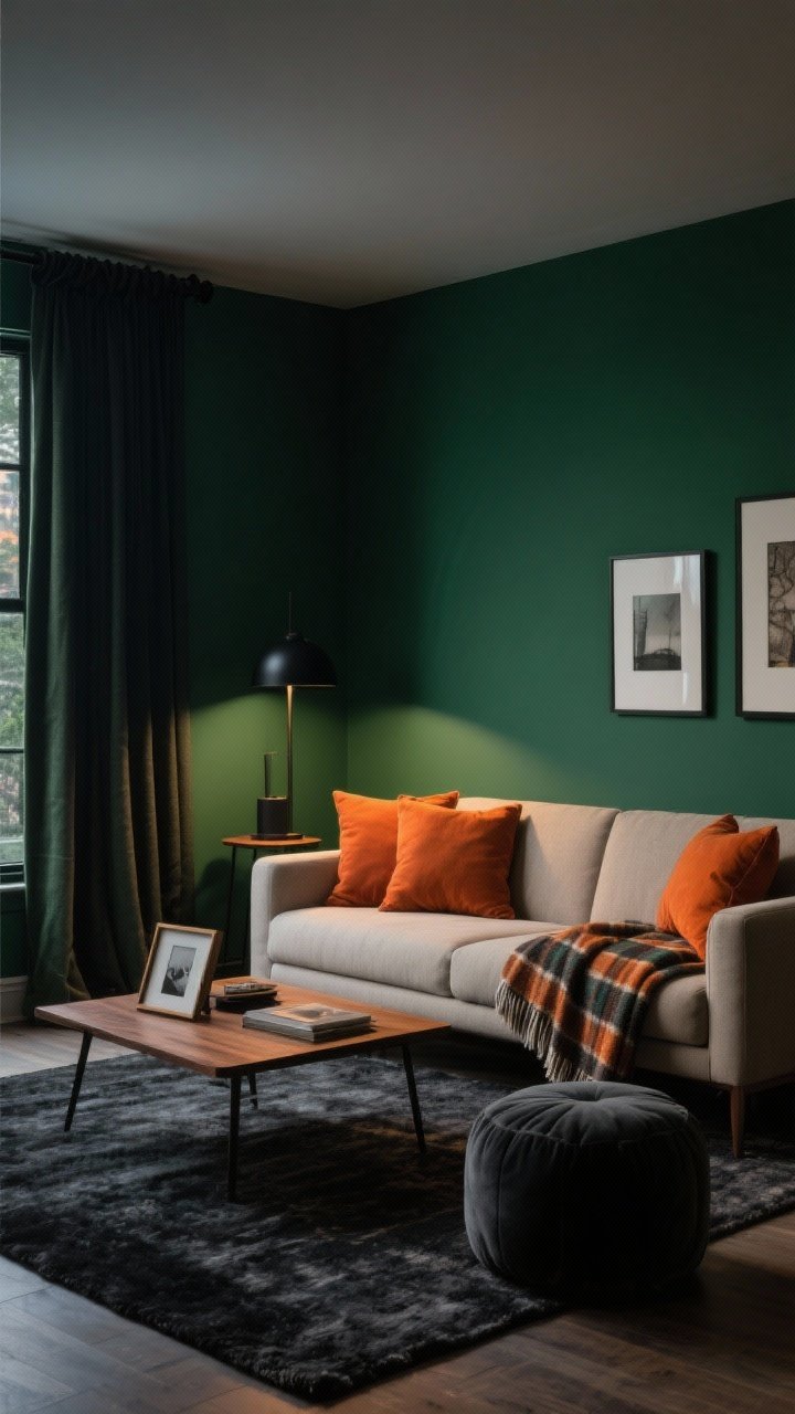 Photorealistic wide shot of a chic moody living room in Forest Green & Ember: a single deep forest green accent wall, ember-orange throw pillows and a wool plaid throw on a neutral sofa, walnut wood coffee table and picture frames, and a charcoal area rug grounding the space with a charcoal pouf nearby. Add matte black curtain rods and a matte black lamp for sleek contrast. Lighting is evening-soft, creating dramatic shadows that enhance the green. Angle: corner perspective to emphasize the accent wall and layered furnishings.
