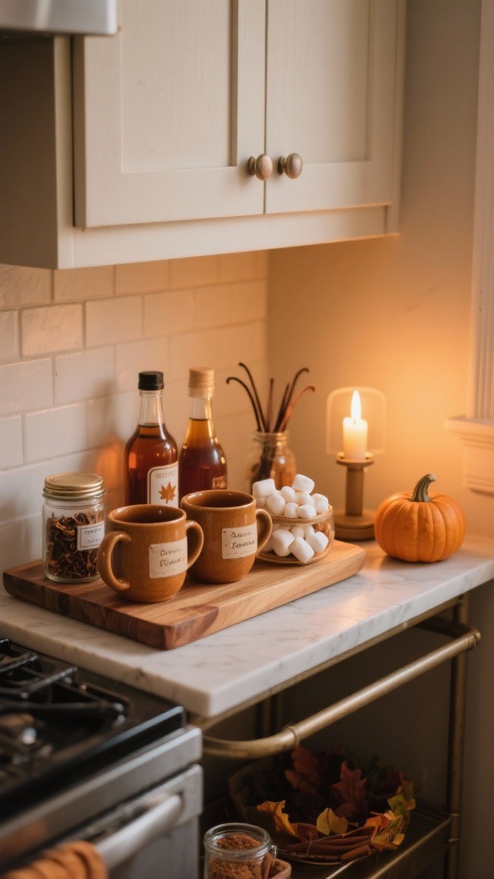 Photorealistic wide shot of a cozy beverage nook in a kitchen corner: a wood tray or board base corralling two or three warm-glaze stoneware mugs, small labeled jars of loose tea, cocoa, cinnamon sugar, and mini marshmallows, plus bottles of maple syrup and vanilla and a small jar of pumpkin spice blend. A tiny lamp or battery taper candle casts a gentle glow, reducing overhead glare. If space is tight, show the setup on a compact bar cart or a dedicated cabinet shelf. Overall palette warm and neutral with subtle fall tones; composition neat but lived-in. Shot straight-on to show the entire station, with soft, ambient evening lighting.