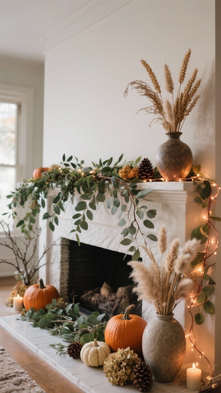 Photorealistic wide shot of a fall mantle enriched with natural greenery and foraged finds: a draped eucalyptus garland running along the back edge, loose olive branches interwoven, pumpkins tucked in front. A sculptural ceramic vase holding dried elements—pampas, wheat, and bunny tails—adds vertical texture on one side. A thin copper fairy-light strand threads subtly through the greenery for evening sparkle. Foraged accents like pinecones, clipped branches, and dried hydrangeas are lightly placed, looking sealed and tidy. Keep foliage low and clear of candle areas. Early evening lighting with fairy lights on, taken from a slight corner angle to show depth and balance.