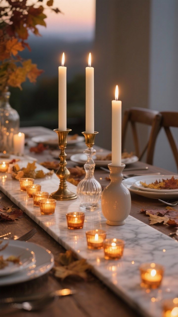 Photorealistic wide shot of a fall tablescape at dusk showcasing layered candlelight: three ivory tapers in mixed holders (antiqued brass, clear glass, and matte ceramic) staggered for height; a small cluster of short pillar candles on a marble board; a dotted trail of tea lights in amber glass votives weaving down the center. Cohesive warm white/soft ivory candle palette, gentle glow reflecting off tableware. Emphasize cozy, safe spacing; include optional realistic LED tapers. Background softly blurred, no people.