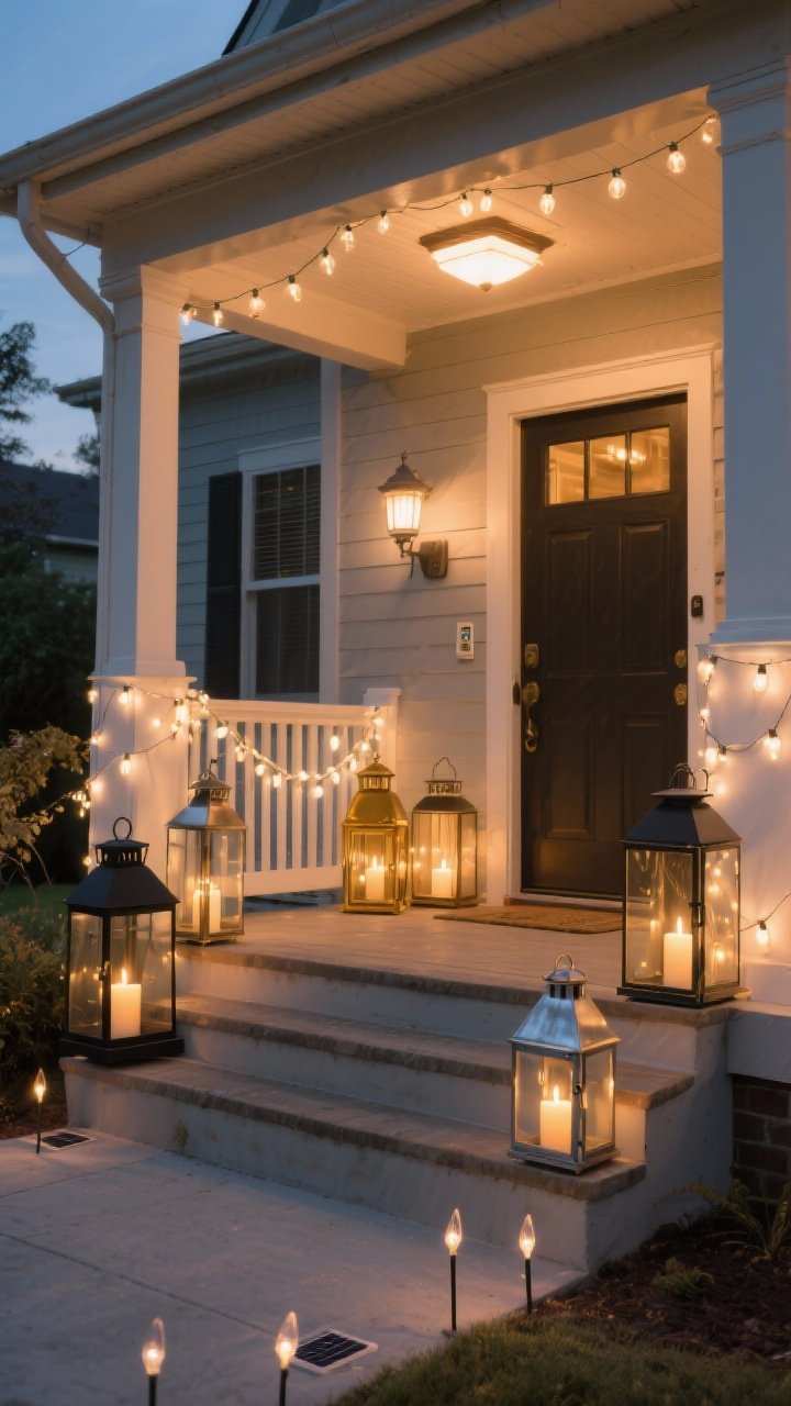 Photorealistic wide shot of a front porch at dusk showcasing cozy, glowy lighting: clusters of 2–3 lanterns in mixed heights and finishes (black metal, brass, and galvanized) flanking the steps, each holding LED flameless candles; warm white cafe string lights draped along the railing and tracing the doorframe (battery-operated, no visible cords); porch ceiling fixture fitted with warm white 2700K bulbs casting a soft amber tone; a subtle line of solar stake lights marking the path for a welcoming glow. Emphasize warm, inviting ambiance without harsh hotspots. Straight-on perspective capturing the whole entry, no people.