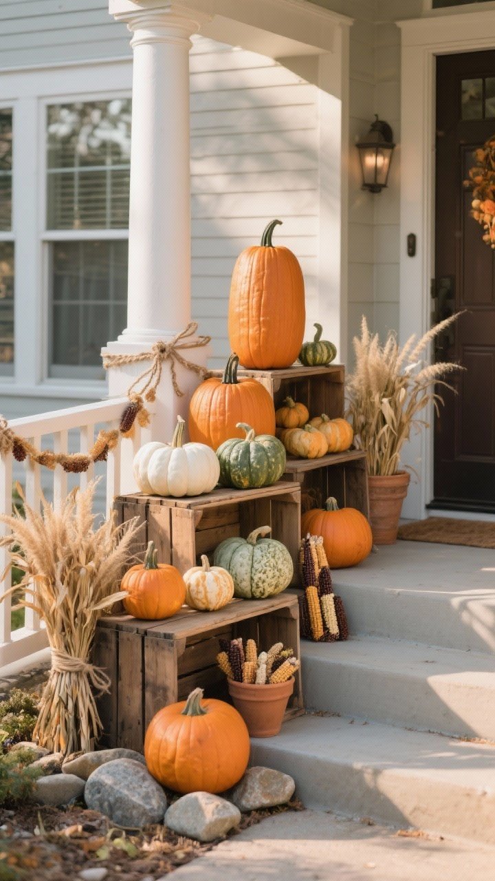 Photorealistic wide shot of a front porch “mini pumpkin patch” at the entry: tiers created with wooden crates and overturned pots, tall pumpkins in back and small in front. Mix of heirloom varieties—traditional orange, ghost white, sage green, and bumpy textured gourds—staggered naturally with flat stones under several pumpkins for airflow. Cornstalks or bundles of dried ornamental grasses tied to porch columns with twine, and a simple gourd garland threaded on twine along the railing. Late-afternoon natural light, angled from the corner to show depth and height variation. No people.