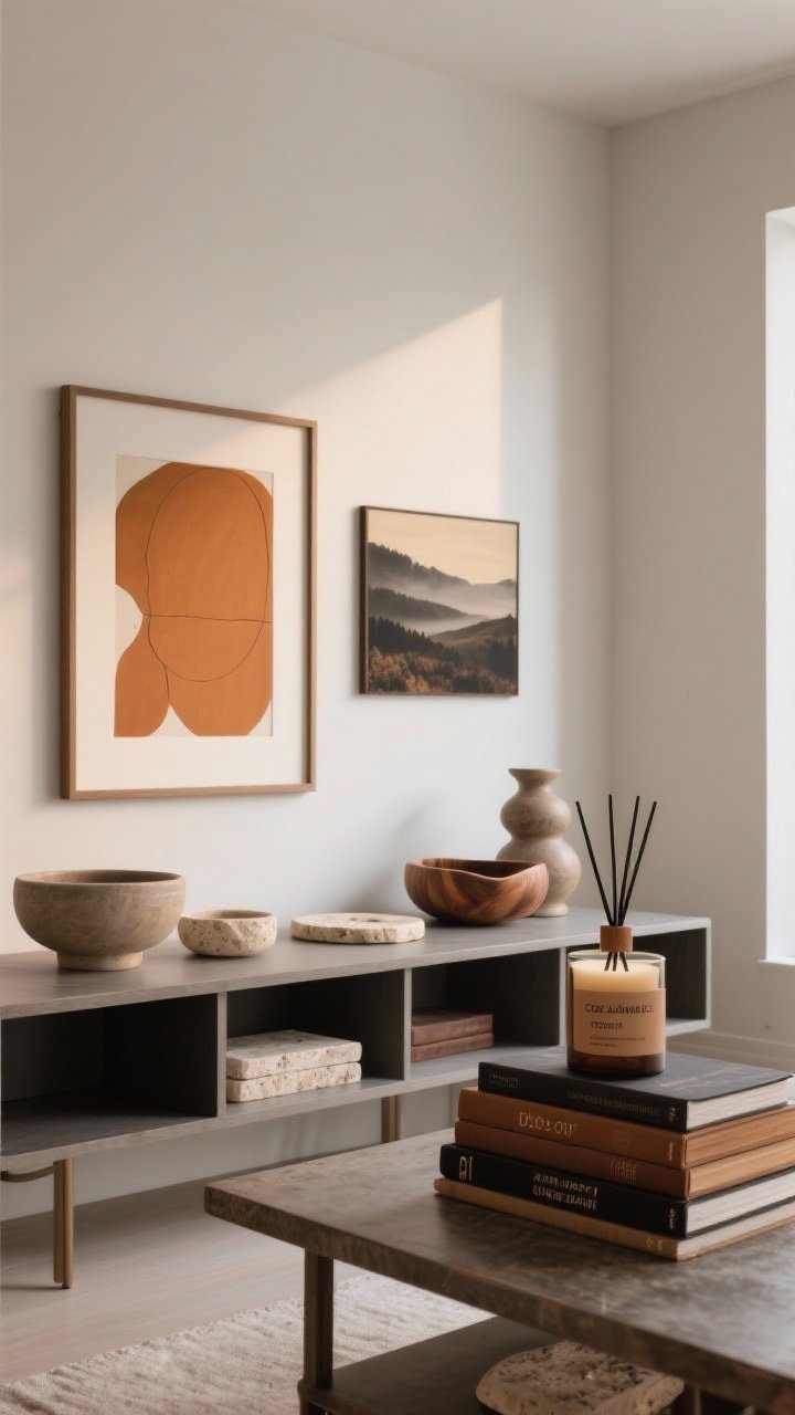 Photorealistic wide shot of a modern living room wall and console curated with subtle seasonal art and accents: a gallery frame swapped for an abstract ochre print next to a moody landscape; on the console, stoneware bowls, travertine coasters, and a walnut catchall arranged thoughtfully with negative space. A woodsy candle labeled cedar/amber/fig or a diffuser marked clove + tonka sits atop a stack of coffee table books with brown/black spines, crowned by a small ceramic object. Warm, restrained styling; soft ambient lighting; angled perspective from the room’s corner.