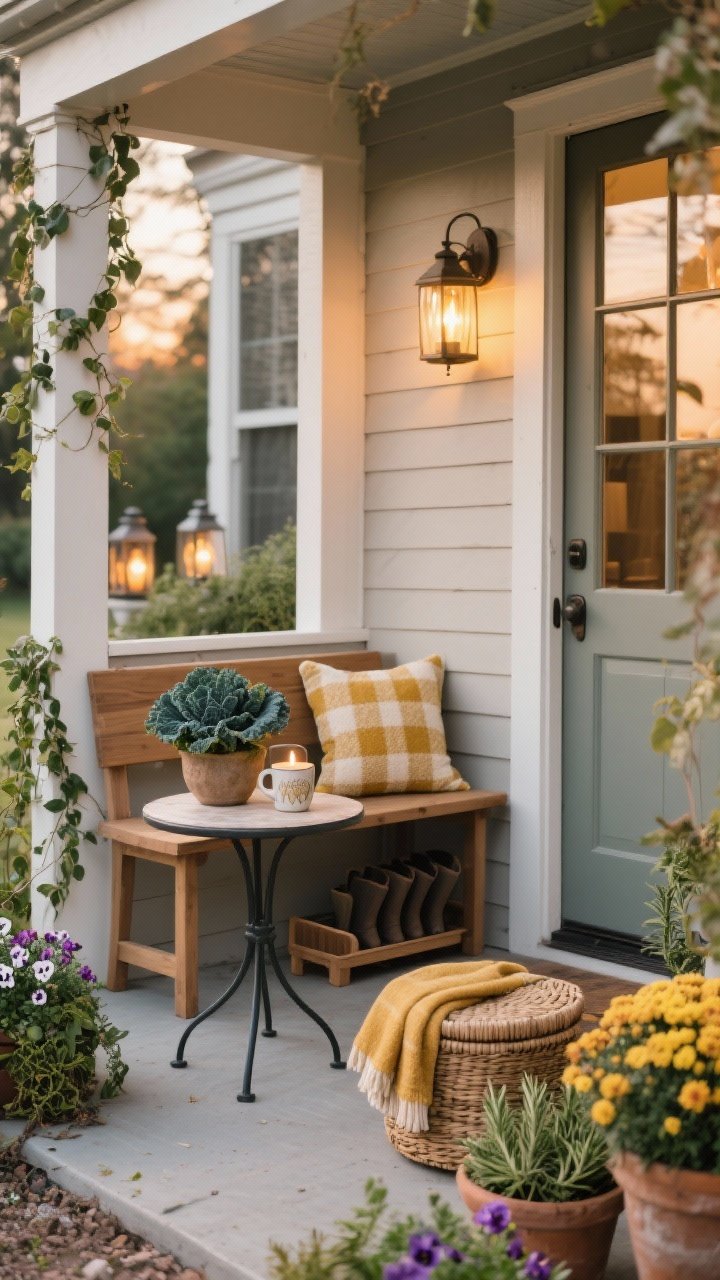 Photorealistic wide shot of a sip-and-chat seating nook on a front porch: a slim wooden bench paired with a small round bistro side table. Bench styled with a lumbar pillow in plaid or boucle (mustard and cream tones) and a folded throw tucked into a lidded woven basket beneath. Side table topped with a small planter of ornamental kale and trailing ivy, a candle in a glass hurricane, and a ceramic mug. Planters of mums and pansies nearby, with fresh herbs like rosemary and thyme for scent. A discreet boot tray by the door. Warm early-evening light from the porch sconce and ambient glow from nearby lanterns. Straight-on, inviting composition. No people.