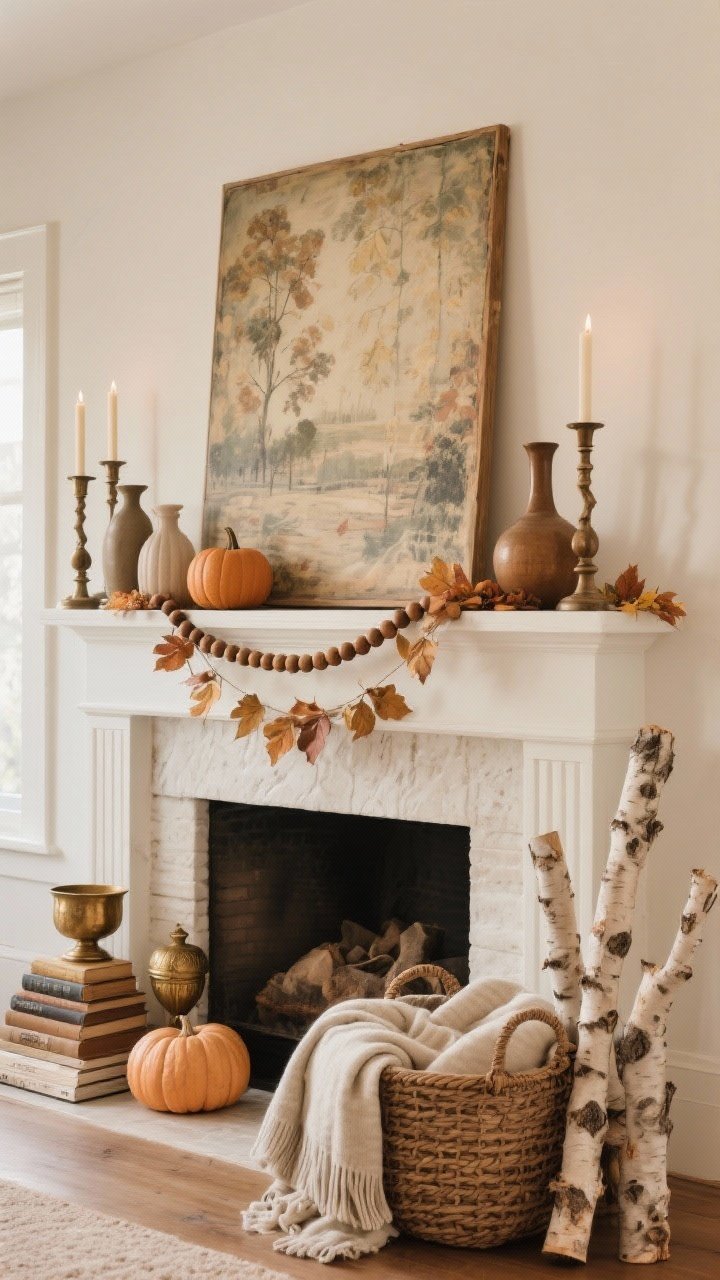 Straight-on medium mantel scene (or faux mantel via console): A relaxed layered base with a large vintage-style art piece leaning center, flanked by mixed-height candlesticks and a mini trio of vases; a subtle garland of wood beads and dried leaves draped across the front; seasonal layers added with small neutral/muted pumpkins and antique brass accents; stacked books used as risers to stagger heights; a woven basket on the floor filled with folded blankets and a few birch logs; warm, soft lighting to emphasize autumnal warmth and balanced symmetry-ish styling.