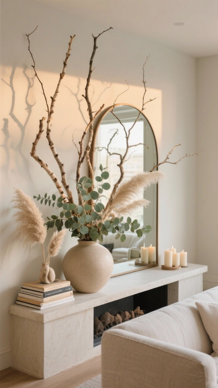 Wide corner-angle living room shot highlighting branches over leaves: a large neutral vase at one end of the mantle holds tall sculptural birch branches mixed with dried eucalyptus in muted sage; the opposite side is balanced with a low stack of books and a small candle cluster. An arched mirror behind the arrangement reflects warm textures and light. Include optional pampas or bunny tails as a soft accent, but branches are primary. Palette: calm neutrals with gentle greens. Lighting: warm, late-day glow to enhance height and movement. Perspective: 3/4 angle capturing asymmetry and the mirror’s reflection, no people.