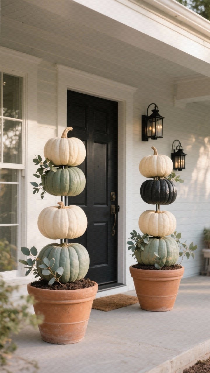 Wide exterior porch scene with an elegant, symmetrical pair of elevated pumpkin towers flanking a front door. Each topiary: three heirloom/Cinderella pumpkins stacked largest-to-smallest on a concealed metal rod anchored in a matte terracotta planter filled with soil. Some pumpkins are natural muted tones; one tower features matte spray-painted pumpkins in cream and sage with a charcoal accent for a modern palette. Subtle eucalyptus sprigs tucked between layers. Construction feels sturdy with clean alignment. Optional balance on one side: a small cluster of black metal lanterns. Natural late afternoon light with soft shadows; photorealistic pumpkin textures and planter grit.