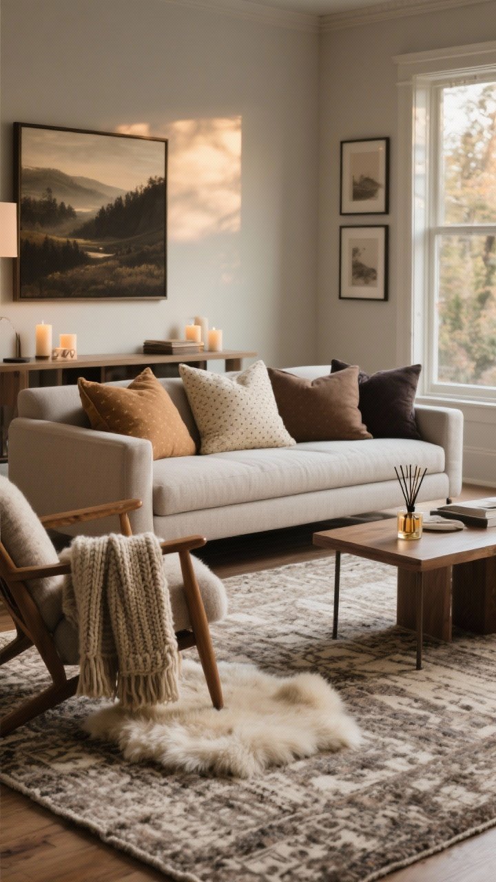 Wide living room shot emphasizing upgraded coziness: a large wool or wool-blend rug anchoring the seating area with a subtle vintage or tone-on-tone pattern, flatweave base layered with a sheepskin accent near a lounge chair; sofa styled with three pillow sizes (22", 20", lumbar) in solids, tiny pattern, and texture across cream, camel, stone, plus a deep mocha or charcoal note; two throws visible—one chunky knit and one lightweight wool/cashmere blend—draped intentionally; a reed diffuser on the console for all-day scent, candles ready for evening; moody landscape art swap in existing frames on the wall; warm late-afternoon natural light, photorealistic
