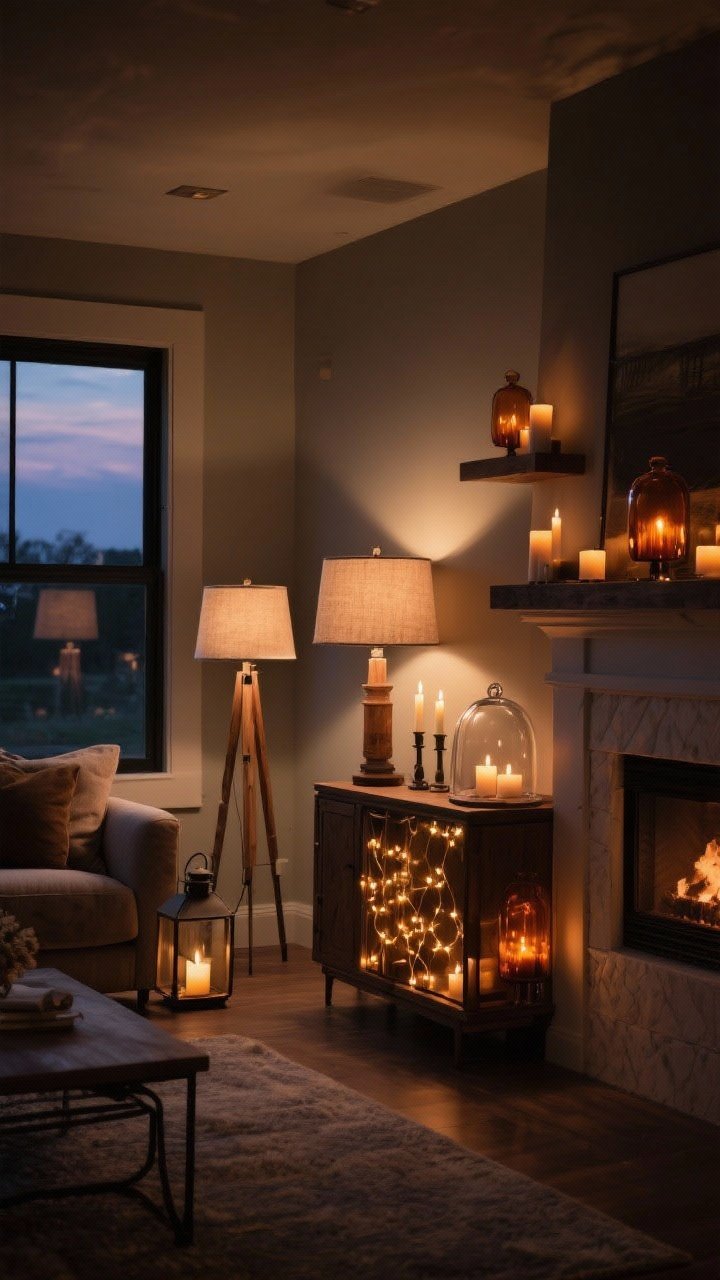 Wide room shot at dusk: A living room bathed in moody, warm glow with layered lighting—two table lamps with linen shades casting diffused warmth, battery-operated taper candles on the mantel and shelves, a glass cloche on a sideboard filled with soft string lights; amber glass and smoked candleholders adding glow; all bulbs set to 2700K–3000K; a smart dimmer lowering overall brightness for cozy ambiance; optional lantern-style floor lamp with a wood/metal frame adding rustic charm; rich, inviting atmosphere with no overhead glare.
