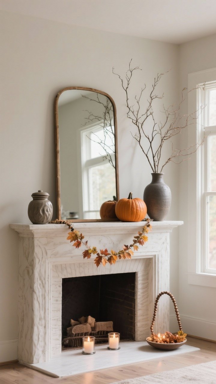 Wide room shot from a slight corner angle showing a thoughtfully layered fall mantle emphasizing height, texture, and negative space. Composition formula: a large leaning mirror as the anchor piece centered on the mantle; tall element of airy branches in a ceramic vase on one side; medium element like a matte pumpkin and a sculptural lidded jar; low element such as a bead garland and a small dish with tea lights. Leave intentional empty space at the ends and between groupings. Materials: plaster, ceramic, wood grain, matte metals. Balanced, uncluttered, cozy atmosphere; diffused daylight; photorealistic.