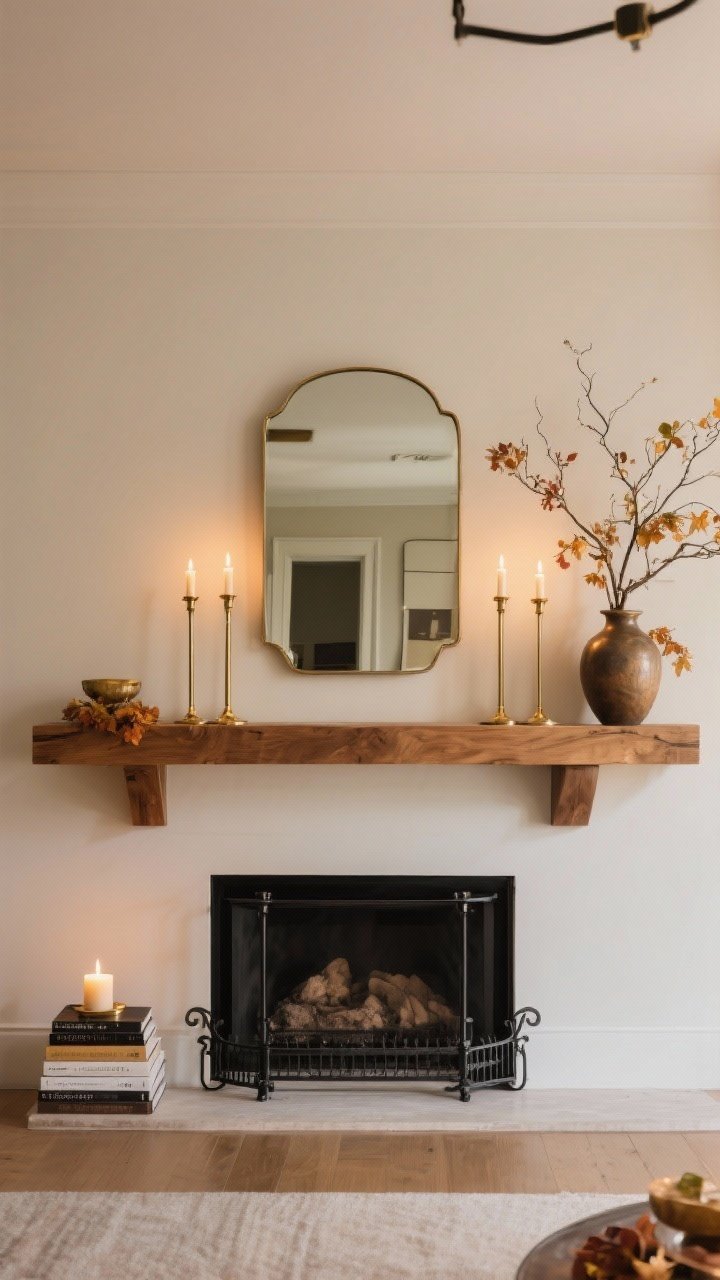 Wide room shot, straight-on composition highlighting symmetry with a twist: a centered mirror above the mantle reflecting warm ambient light; matching tall candlesticks or mini lamps flanking both ends for a balanced foundation; on the right side, an offset vase with wide, airy branches breaking the symmetry; on the left, a small stack of books elevating a single candle as a playful visual wink; mixed metals used sparingly—brass paired with black iron accents. The mantle is visually divided into three light-touch zones following the rule of thirds to avoid clutter. Neutral walls, warm wood mantle, autumnal accents, photorealistic with even, soft lighting.