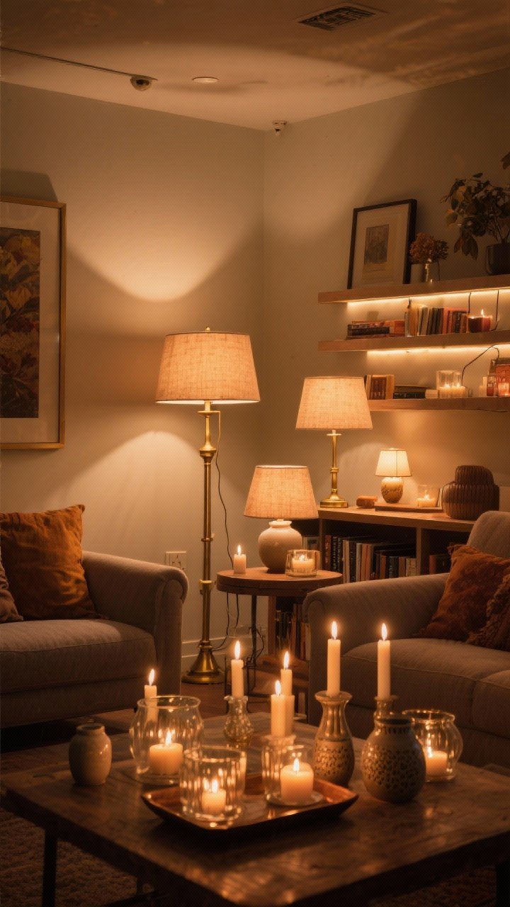 Wide shot: A living room lit with layered warm lighting for fall ambiance—multiple fabric-shade table lamps and a brass floor lamp using 2700K bulbs on dimmers; clusters of candles at varying heights in glass hurricanes, ceramic taper holders, and tea lights on a tray; subtle accent lighting including a picture light over art and discreet LED strips under shelves; a tiny lamp glowing on a bookcase for a bookstore-at-dusk vibe; cords hidden, no overhead light glare; warm, flattering glow across the room; photorealistic.