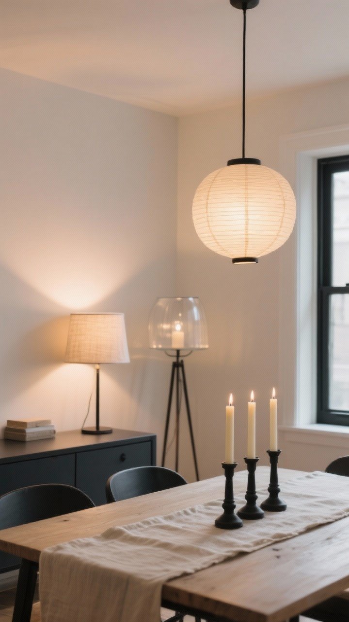 Wide shot: A minimalist dining area set with warm lighting layers. A dimmable 2200–2700K glow from a linen-shaded table lamp on a sideboard, a single floor lamp with frosted glass shade in the corner, and a trio of unscented taper candles in matte black holders centered on the dining table. The table has a neutral linen runner; materials include frosted glass and paper lantern-style pendant overhead to soften light. Cozy, soft ambiance without clutter; warm white walls and charcoal accents subtly visible, no people.