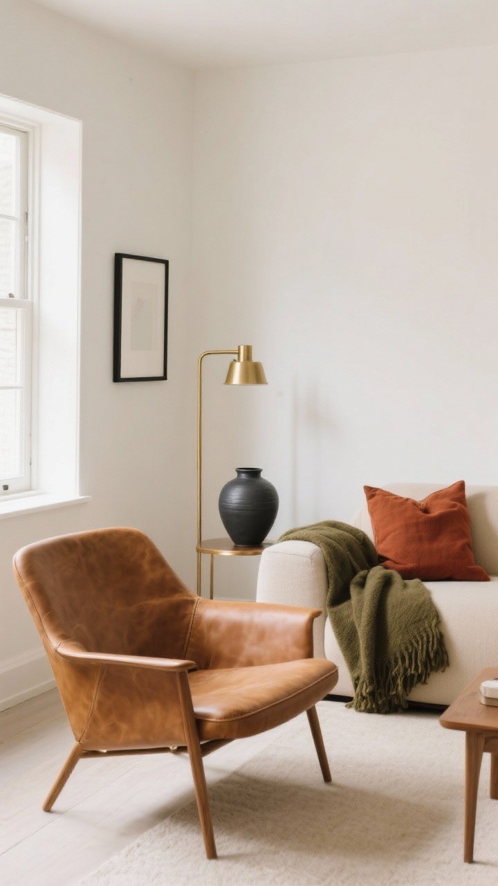 Wide shot: A minimalist living room styled with a tightly edited fall palette. Base colors are warm white walls, oat-toned sofa, camel leather accent chair, and a charcoal ceramic vase. Accents limited to rust linen pillow covers and an olive wool throw draped neatly over the sofa arm. A touch of metallic polish via brushed brass trim on a slim floor lamp and a matte black picture frame. Natural daylight, soft and even, entering from the left; clean lines, uncluttered surfaces, curated not crowded.