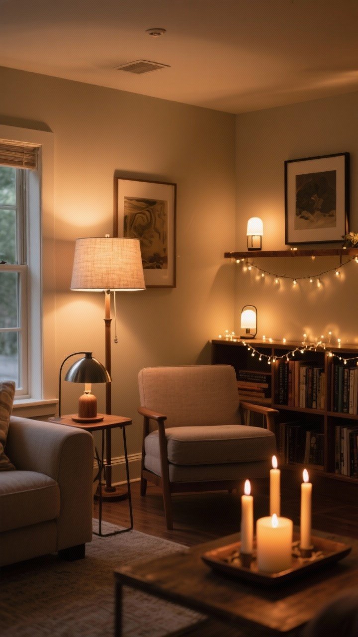 Wide shot, corner angle: A cozy living room lit like a movie scene with layered warm light sources. Ambient: a floor lamp with a fabric shade on a dimmer casting a soft glow. Task: a metal or wood table lamp beside a reading chair. Accent: subtle picture lights over framed art and a small cordless lamp on a shelf; string lights delicately draped along a bookcase. Bulbs set to 2700K warm white. Include a tray with a cluster of three pillar candles (mix of real and LED) adding flicker. Overall glow, no harsh overheads, no people.