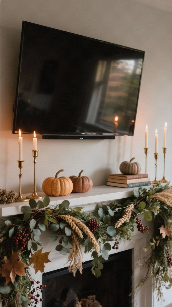 Wide shot, mantel or console styled with a low, lush foraged-and-faux arrangement: a base garland of faux greenery supports real eucalyptus and maple branches, dried wheat, and a few stems of faux berries for color. Anchors in odd numbers: brass candlesticks with battery taper candles, mini pumpkins in muted tones, and a small stack of books. Center slightly higher and ends tapered for an organic silhouette. If shown under a wall-mounted TV, keep heights below the screen line. Warm, moody evening glow from battery tapers, natural materials emphasized, photorealistic.