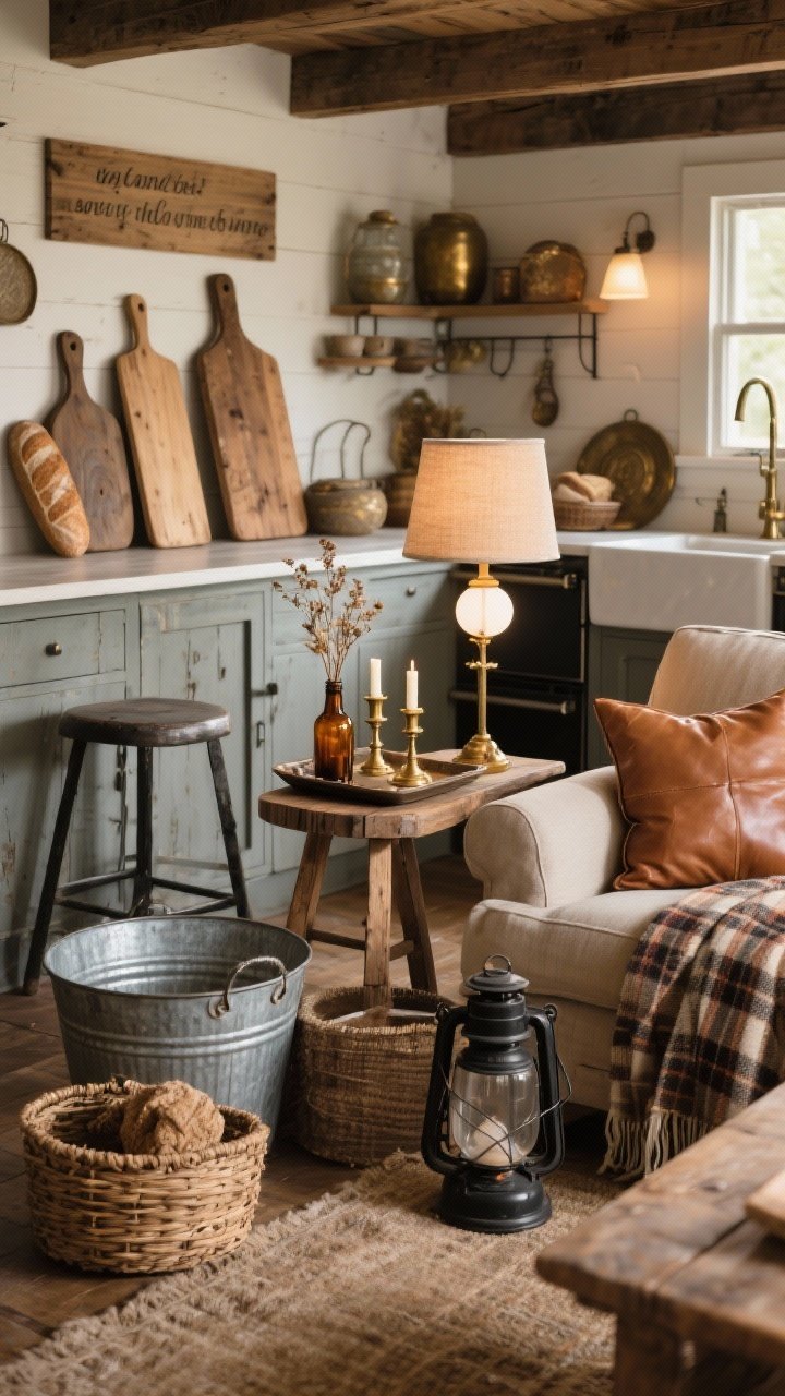 Wide shot of a cozy farmhouse living area highlighting vintage wood and metal accents: A warm, earthy space with layered styling—bread boards and cutting boards leaned on a kitchen-style counter in the background, a small vintage wood stool used as a side table holding an amber bottle with dried stems. Metal contrasts include a galvanized tub by the sofa, brass candlesticks on an antique tray, and a black iron lantern on the floor. A woven basket holds plaid throws with a caramel leather pillow nearby. Include a subtle, neutral wooden sign with a seasonal phrase. Mixed metals (brass, black, galvanized) harmonize in warm lighting; soft, layered lamp light with warm white bulbs. Photorealistic, collected flea-market charm without overmatching.