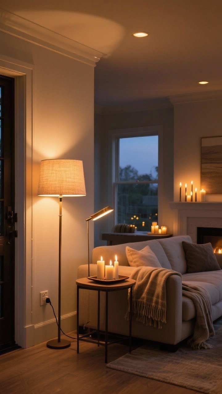 Wide shot of a living room at dusk with a layered cozy lighting plan: a table lamp with a fabric shade using a warm LED bulb (2700K–3000K) on a side table, a slim floor task lamp by the sofa aimed at a throw-covered seat, and ambient magic from several candles and battery-powered taper candles on a mantel and side tray. Pockets of light create golden pools rather than a single glare; overhead lights are off. Include a discreet smart plug on the lamp cord near the outlet. Camera angle from the doorway to capture multiple light sources, photorealistic, warm and cinematic.