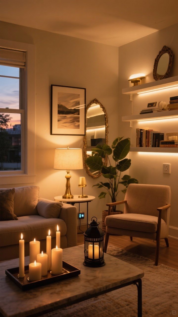 Wide shot of a living room at dusk with layered lighting creating a golden-hour glow: ambient lighting from 2700K warm bulbs in table lamps on smart plugs; a brass reading lamp beside a cozy chair for task lighting; accent lighting with a picture light above artwork and subtle LED strips on a bookshelf. Atmosphere boosters include a cluster of pillar candles in varied heights on a tray and a black metal lantern near a plant; a vintage mirror on the wall subtly bouncing warm light. Perspective from a corner angle capturing the overall layered light scheme, rich warm tones, no overhead glare, no people.
