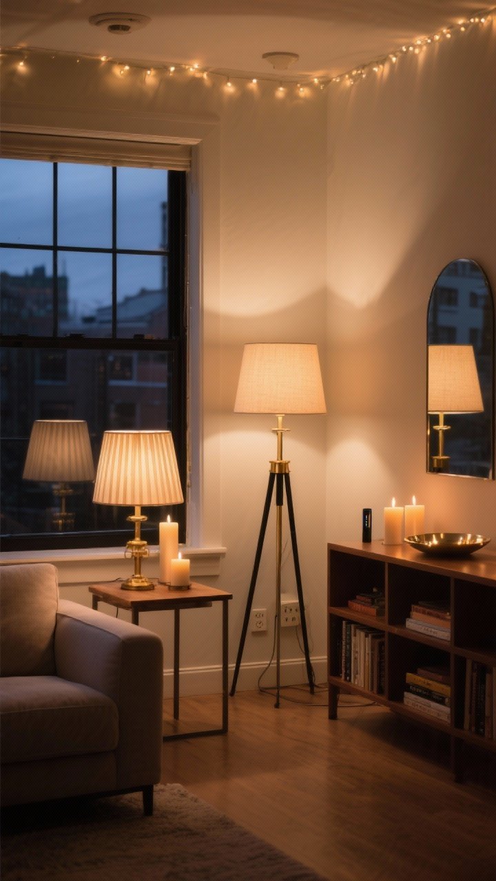 Wide shot of a living room at dusk with layered warm lighting: two table lamps with linen or pleated shades and warm bulbs (2700–3000K), a brass or black floor lamp filling a dark corner, and battery-operated candles on a shelf and window ledge for glow. Subtle string lights tucked along a bookshelf and a small mirror or metallic tray to bounce light. Include smart plugs/dimmers implied by consistent cozy brightness. No overhead glare; glowy, dimmable ambiance with warm white tones; photographed from a corner angle to show light layering across the room.