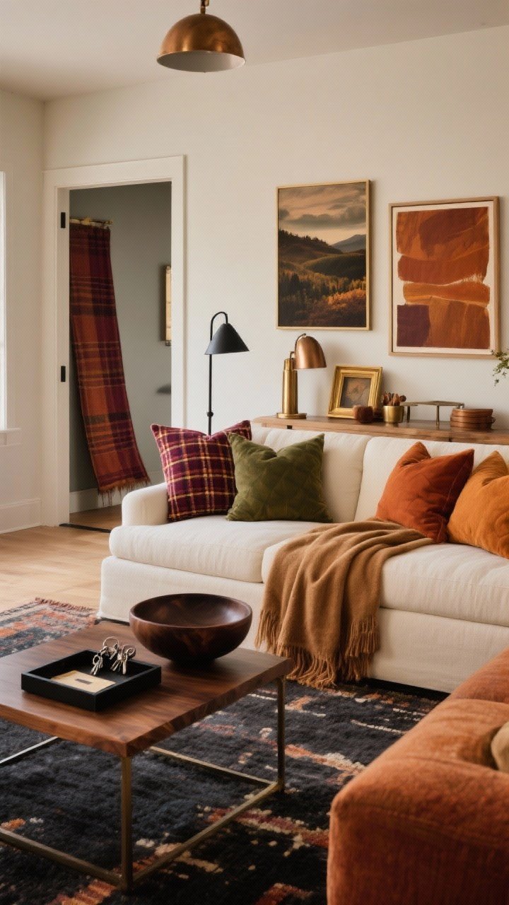 Wide shot of a living room styled with a fall color palette: Grounding neutrals (cream sofa, camel throw, charcoal rug) accented with rust, merlot, moss, and ochre. Swap pillow covers to earthy tones with one bold pattern (plaid or herringbone pillow). Wall art changed to moody landscapes and warm abstract prints. Entry zone visible with a runner in deeper hues and a wood or black tray for keys and mail. Metals are warm—brass frame, bronze accents, black iron lamp base—and a dark wood bowl on the console. Straight-on view, soft warm lighting, photorealistic.