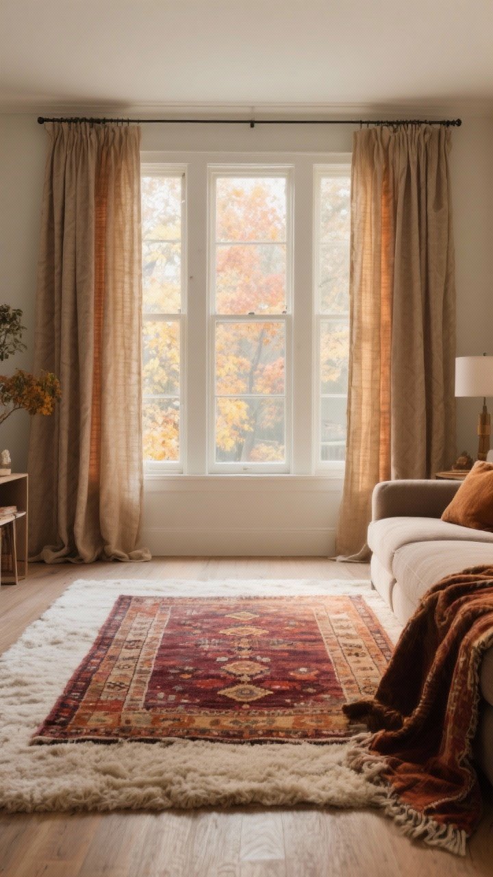 Wide shot showcasing autumn layers underfoot and overhead: a living room anchored by a plush neutral area rug with soft pile, layered beneath a smaller patterned kilim in faded burgundy, rust, and camel; window wall dressed with lined linen-blend curtains in warm neutral wheat, mounted high and wide to graze the floor and enlarge the windows; complementary taupe and camel tones throughout; soft morning light filtering through the curtains, photorealistic.