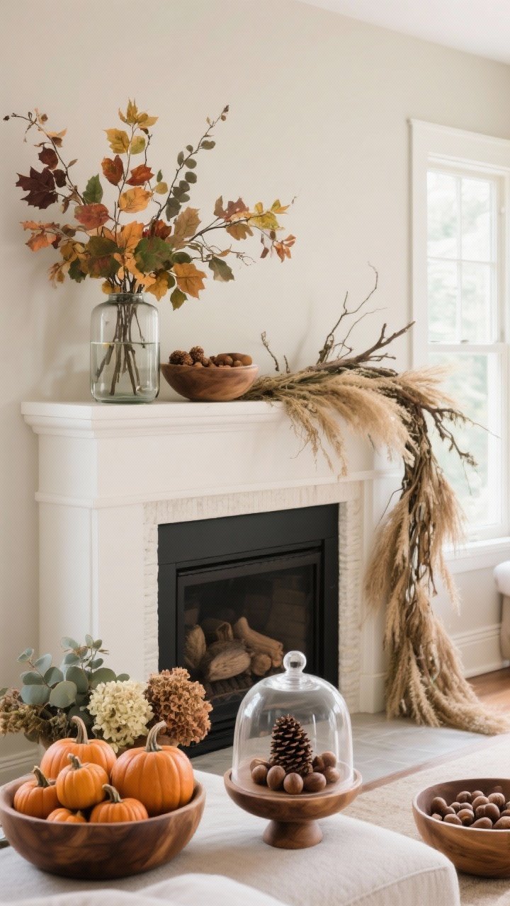 Wide shot, straight-on view of a living room fireplace mantle styled with foraged fall elements for an organic, collected vibe: leafy branches with color variation arranged in a vase with water; an asymmetrical garland of branches and dried grasses cascading slightly down one side for drama; bowls and cloches filled with acorns and a single perfect pinecone under a glass cloche; a wood bowl piled with mini pumpkins. Include textures like seed pods and dried hydrangeas or eucalyptus. Soft morning light from a nearby window, natural tones, realistic details, no people.