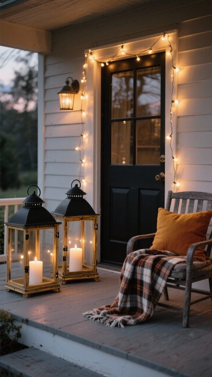 Wide, straight-on porch scene at dusk showcasing cozy glow and textiles: two lanterns in black and brass, mixed sizes, each holding battery-operated candles with warm white flame set on timers; a short strand of warm white string lights draped around the doorframe. On a chair, a plaid blanket thrown casually and a weather-safe pillow in a harvest tone (rust or mustard). Optional thrift-lantern look with fresh matte black spray paint finish. Emphasize warm, moody lighting with gentle reflections on metal, and the inviting ambiance of layered light sources; no cool white tones.