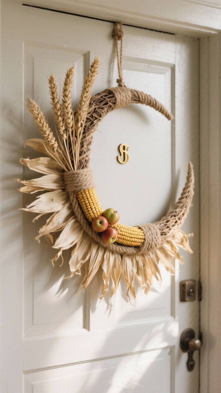 Wide, straight-on shot of a sculptural crescent wreath mounted on a door: a flat half-wreath base layered with corn husks fanned outward like sun rays, ends tapered for an airy silhouette. Dried wheat stems are added on top, angled slightly upward to suggest movement. The base is wrapped with jute rope to hide mechanics, finished with a small brass initial and a few mini faux apples for charm. Rustic yet refined mood, warm natural daylight on a farmhouse-style entry; clear matte finish implied by low sheen; no people.