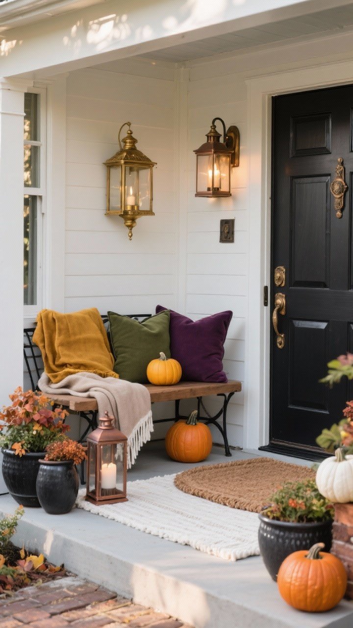 Wide, straight-on view of a small front porch styled around a curated fall palette; choose one palette and echo it across decor. Option A: Classic Warmth—rust and mustard textiles with deep charcoal accents, antique brass hardware and lantern details; echo colors in a witty coir doormat, charcoal ceramic planters, rust-and-mustard throw over a bench, and pumpkins repeating rust/mustard/charcoal tones. Option B: Modern Minimal—cream outdoor rug, taupe throw, black metal planters, matte black door hardware and sconces, cream and taupe pumpkins. Option C: Moody Harvest—plum pillows, forest green planters, copper accent lanterns, aged bronze door hardware, pumpkins in muted plum/green/white. Crisp late-afternoon natural light, no people, photorealistic, clean doorstep, cohesive color repetition.